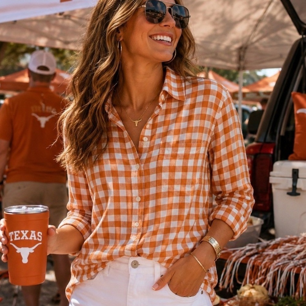 J.Crew The Perfect Shirt XS Orange Gingham Plaid Cotton Button Up Top Texas